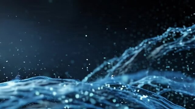 Blue Liquid Splashing with Droplets in Dark.