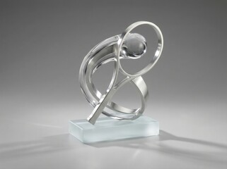 Elegant glass sculpture on a clear base with swirling curves and a sphere