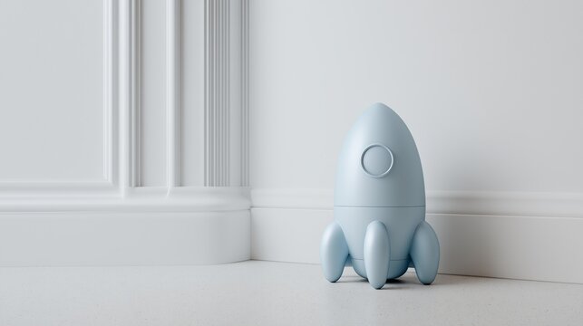 minimalist pastel toy rocket in white studio with soft high key light
