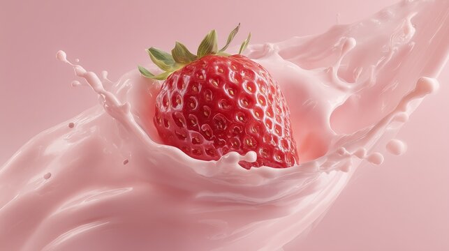 strawberry wrapped in creamy pink yogurt suspended mid air on white
