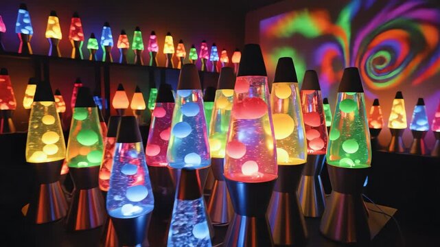 A dimly lit room filled with numerous colorful lava lamps on tables and shelves, casting vibrant hues and swirling patterns on the walls and surfaces
