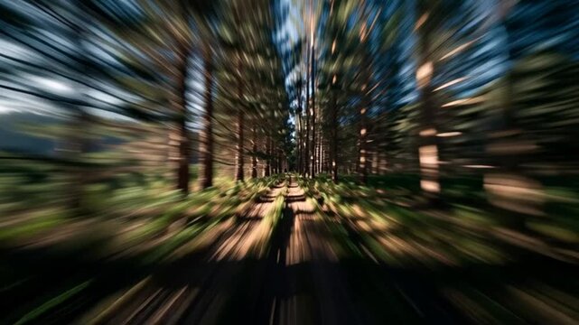 Blurry Forest Path with Trees and Motion.