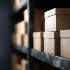 warehouse storage shelves full of cartons, clean composition