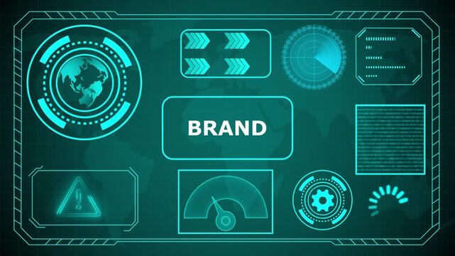 Futuristic HUD interface with "Brand" acronym in glowing blue concentric circles and digital background, HUD The world digital data cyber technology background. 4k animation video