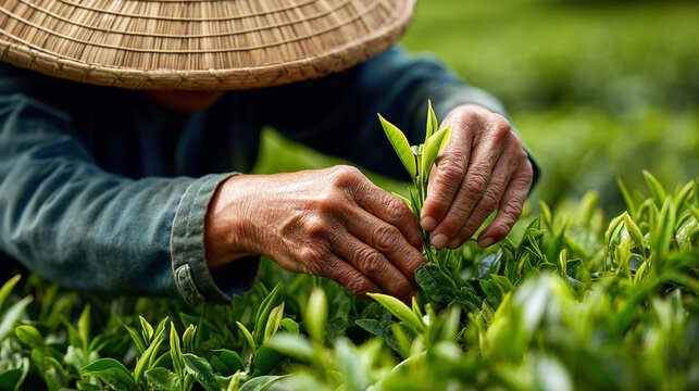 Close-up on hands of a farmer wearing a conical hat, carefully picking fresh tea leaves in a lush green plantation.