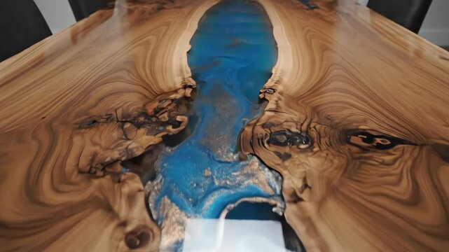 A large wooden table with a blue resin river running through it