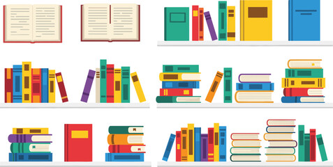 Vibrant colorful books stacked on shelves in library or library setting © MdTofazzal