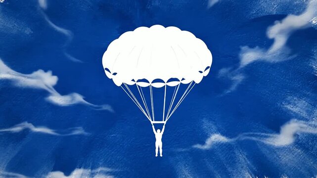 A silhouette of a person parachuting against a blue background with white brushstrokes