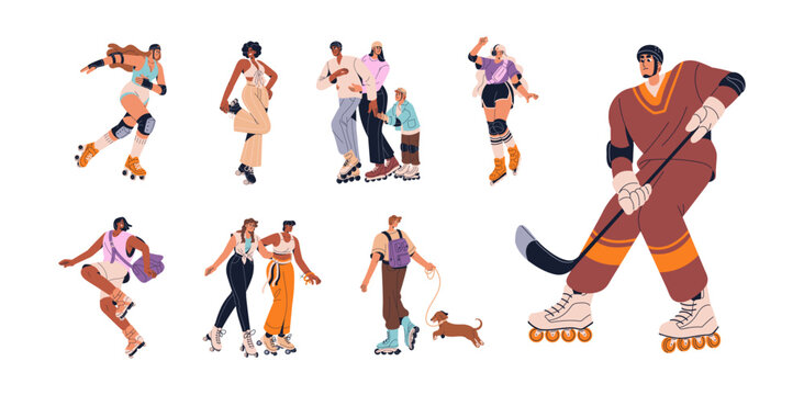 Rollerblading people set. Men, women are rollerskating outdoors. Happy characters skate on rink together, play roller hockey. Skaters ride, fun in summer. Flat isolated vector illustrations on white.