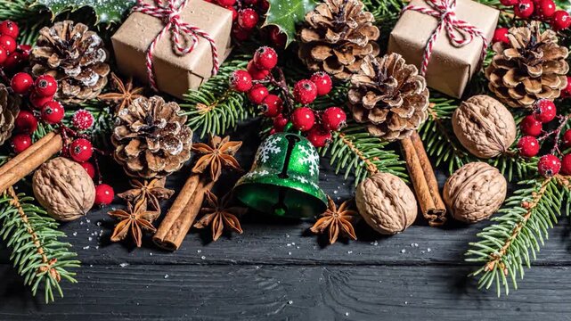Christmas decorations border on rustic black wood with copy space.