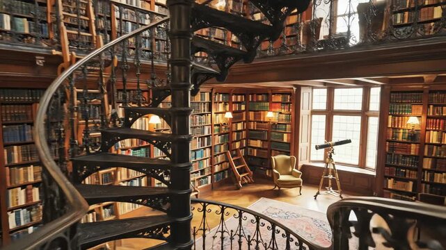 A spacious, multi-level library with a striking spiral staircase and ornate railings, surrounded by rows of books on wooden shelves