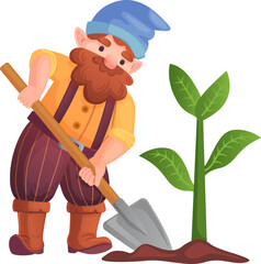 Obraz premium Garden gnome planting green botany with shovel cartoon drawing
