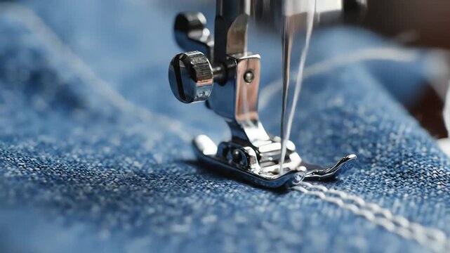A close-up view of a sewing machine stitching a blue denim fabric with white thread