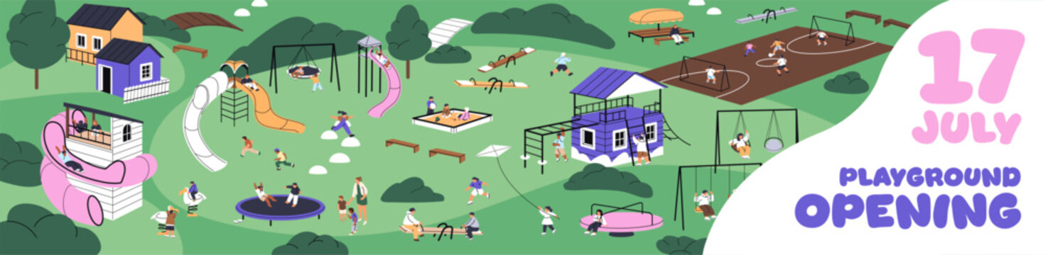 Opening of kids' playground with equipment event banner design. Advertising template with play ground for children. Kindergarten outdoors with slides, sandbox, swings. Flat vector illustration.