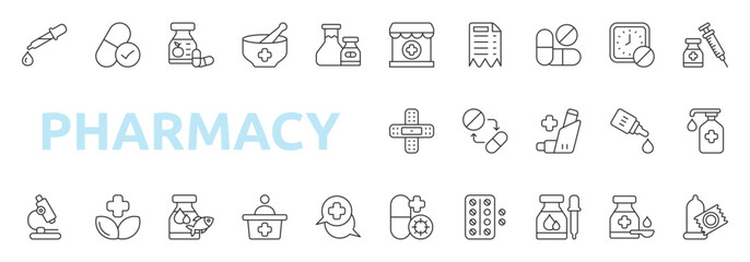 Pharmacy icon set outline style with receipt, pills, dose, vaccination, pipette, generic drug, vitamin, compounded medicine, pharmaceutical, laboratory icons
