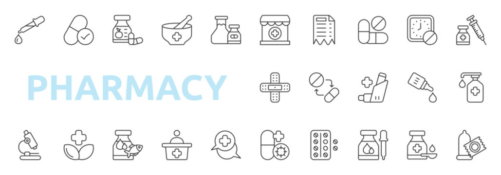 Pharmacy icon set outline style with receipt, pills, dose, vaccination, pipette, generic drug, vitamin, compounded medicine, pharmaceutical, laboratory icons