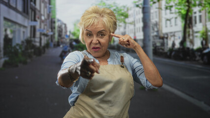 Senior woman in apron and light blue shirt points finger to camera while tapping temple in a busy...