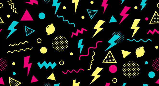 Retro 80s 90s memphis style pattern with geometric shapes lightning bolts and wavy lines on black background vibrant