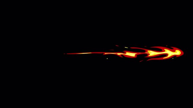 Fast horizontal cartoon fire swipe trail with glowing red and yellow flames moving across dark background. Perfect for game attacks, action transitions, magic strikes, comic effects, motion graphics