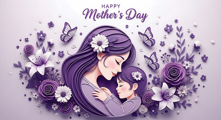 Mother and child embrace surrounded by flowers and butterflies for mother's day