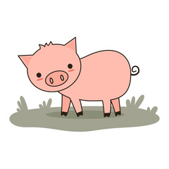 cute hand drawn cartoon character funny pig in the meadow vector illustration isolated on white background