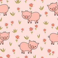 cute hand drawn cartoon character funny pig in the meadow with red daisy flowers seamless vector pattern illustration on pink background