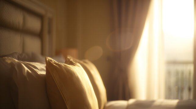 Modern hotel suite interior with plush bedding, structured headboard, and inviting mattress in early daylight. real-estate listings, designed for property marketing and hospitality visuals.