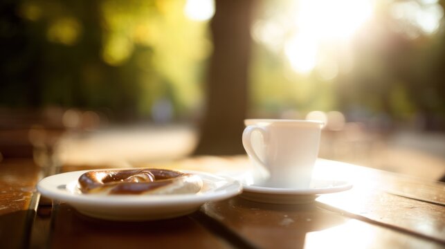 Beer garden table at dawn with weisswurst and pretzel on a white plate. bar promotions, beverage menus, designed for product packaging and bar promotions.