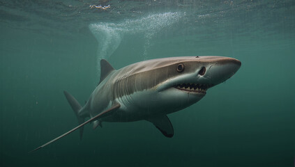 Fototapeta premium 嵐前の濁り潮で上昇するサメと翳る水面模様を描く