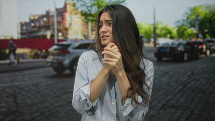 Fototapeta premium Young hispanic woman in striped shirt clasping hands to chest under sunlight on busy street among traffic; anxiety isolation vulnerability uncertainty.