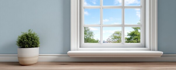 Obraz premium Photorealistic Close-Up of Newly Installed Window with Scenic View and Plant Decor