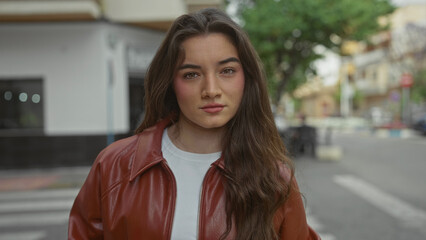 Young hispanic woman wearing a red leather jacket stands gazing sideways on a city street  calm reflection. © Krakenimages.com
