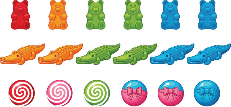 Colorful Candy and Gummy Sweet Illustration Set with Gummy Bears Crocodile Gummies and Lollipops for Kids Treat Packaging Designs