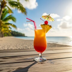 Colorful Cocktail on Tropical Beach Deck.