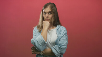 Fototapeta premium Woman holding chin with hand in red studio wearing denim shirt and white top, serious gaze at camera; doubt reflection.