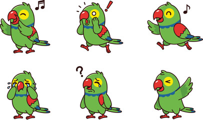 Fototapeta premium Cute Cartoon Parrot Character Expression Set with Funny Bird Emotions Singing Confused and Happy Poses for Stickers and Kids Designs