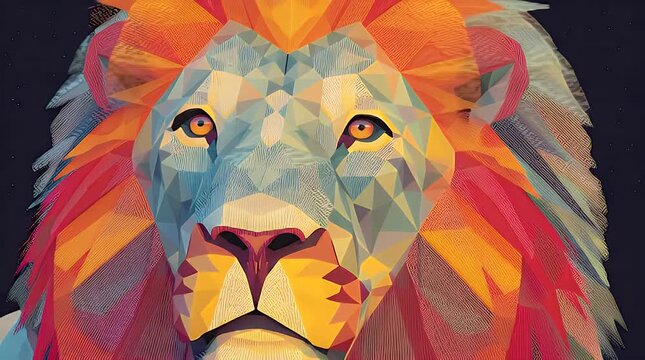A colorful low-poly lion's head with a geometric pattern and vibrant orange eyes