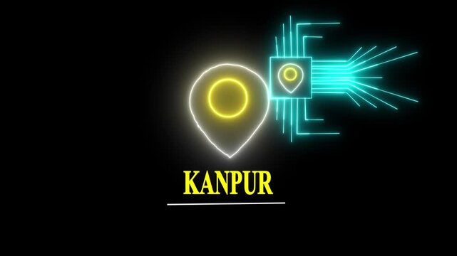 Neon line Travel Destination Concept. INDIA country and KANPUR city Place Highlight GPS location tracking icon, Glowing neon place name of