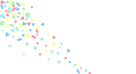 Festive confetti explosion of colorful geometric shapes like circles rectangles and triangles scattered against a clean