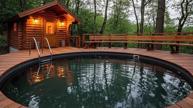 A peaceful outdoor setting with a dark-water pool in front of a log cabin on a wooden deck. Tall trees frame the scene under soft lighting.

