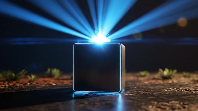 A sleek black cube emits a brilliant blue light, radiating beams into the night sky from a serene outdoor setting.