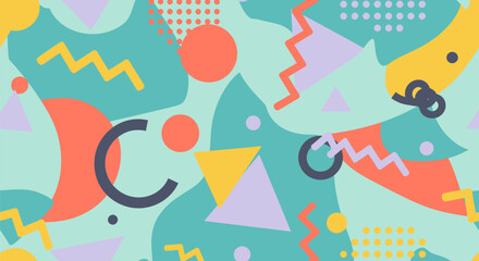 Retro memphis design pattern with geometric shapes bright colors and dynamic zigzag lines abstract background