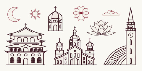 Fototapeta premium A collection of various architectural structures and symbols from different cultures