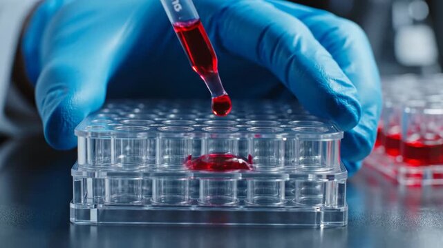 Scientist pipetting clear liquid into a microplate well during laboratory research analysis.