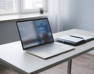 Modern workspace with laptop and notebook on white desk