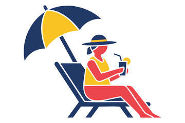 Fototapeta premium Colorful flat design illustration of a woman relaxing on a beach chair under an umbrella with a drink