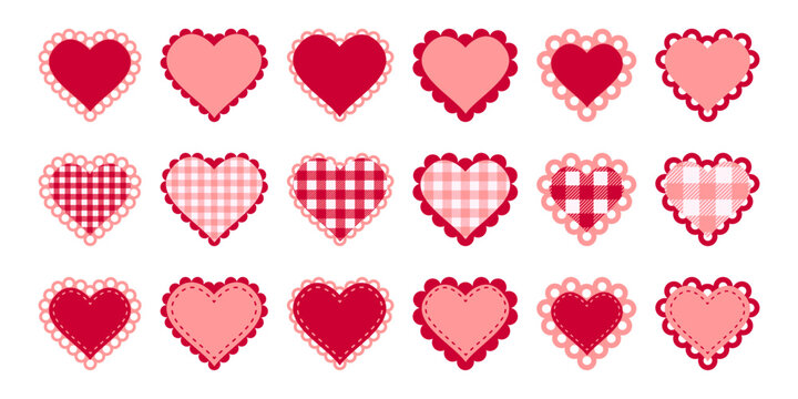 Set of paper or fabric red and pink heart shapes with scalloped borders. Templates of romantic cards or patches with ruffles, stitched borders and gingham prints. Vector flat illustration.