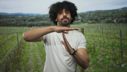 Fototapeta premium Man with curly hair and beard makes timeout sign with both hands in a forest among rows of vines, wearing a white t shirt and looking at camera; determination.