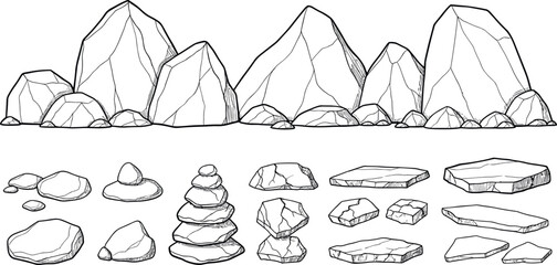 Black hand-drawn set of rocks, stones, boulders and stacked cairns for geology, nature and landscape design isolated on white background © REYAD