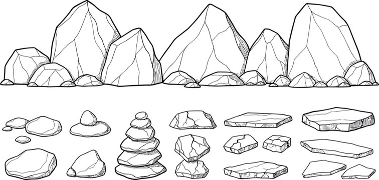 Black hand-drawn set of rocks, stones, boulders and stacked cairns for geology, nature and landscape design isolated on white background